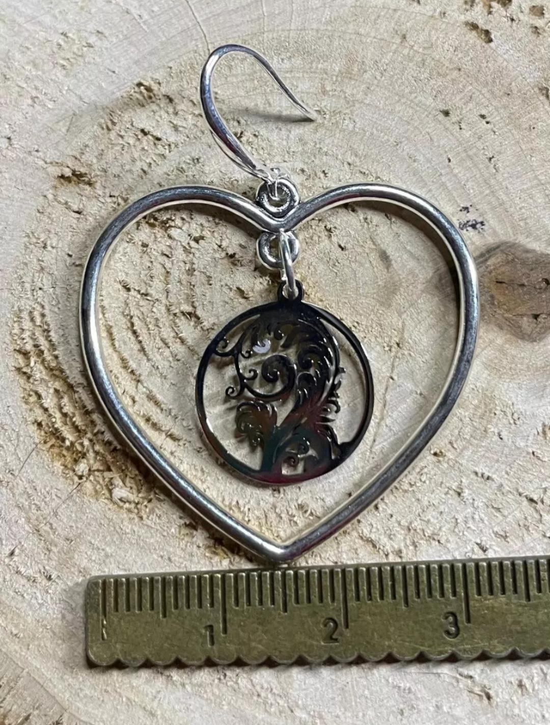 NEW Unique Stainless Steel & Alloy Silver Tone Swirl Charm Heart Hoop Earrings