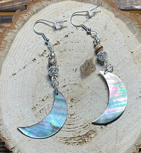 NEW Natural Black Lip Shell Crescent Moon Earrings w/ Marbled & Textured Beads