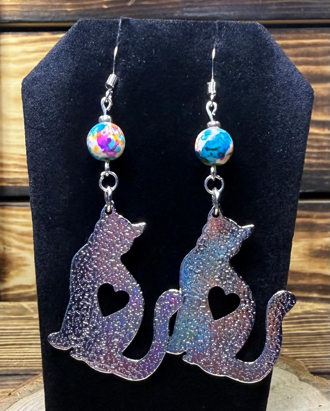 NEW Embossed Silver Cat Earrings w/ Multicolor Beads