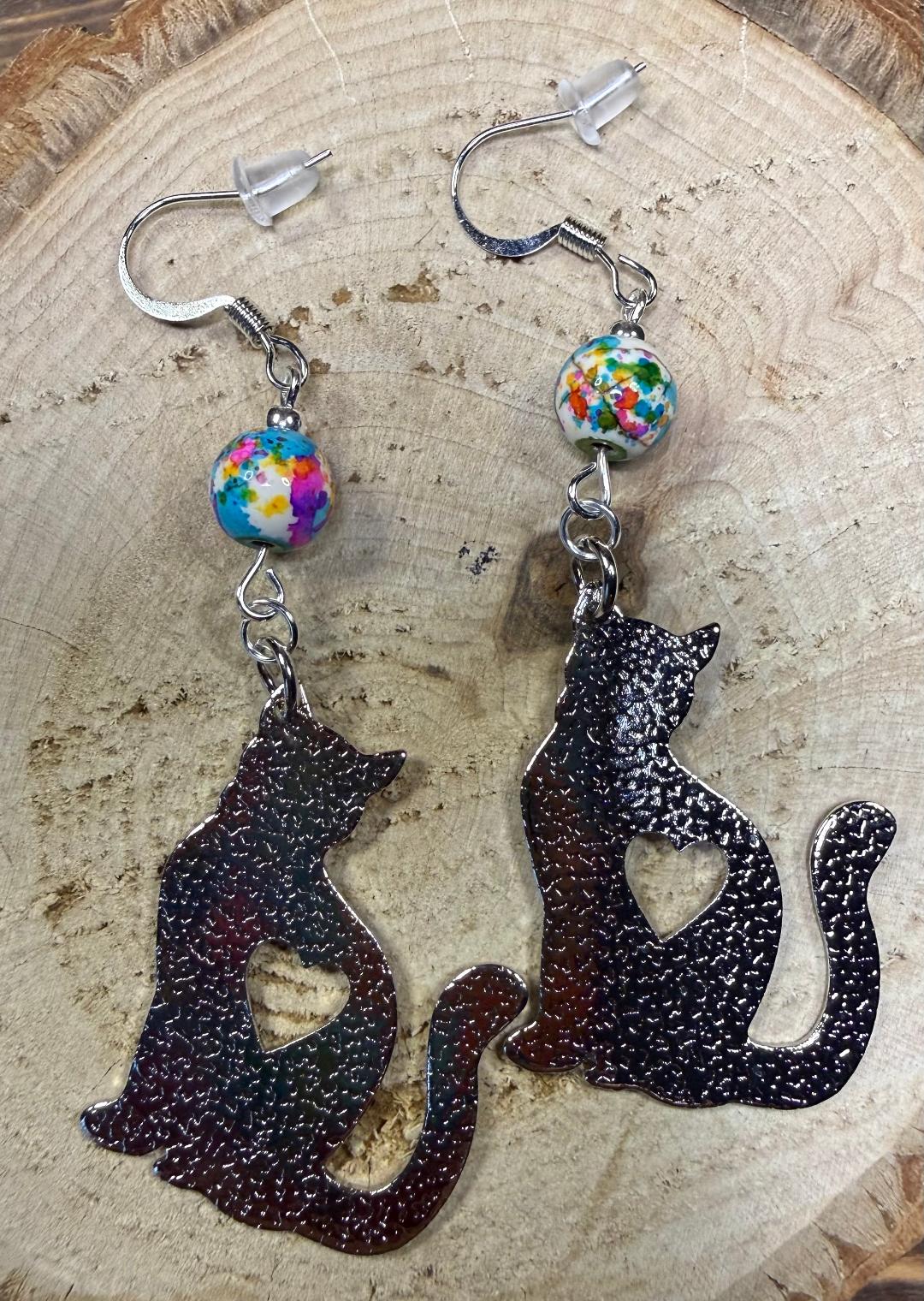NEW Embossed Silver Cat Earrings w/ Multicolor Beads