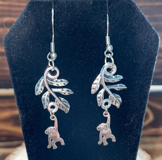 NEW Adorable Silvertone Leaf Branch & Monkey Drop Dangle Earrings