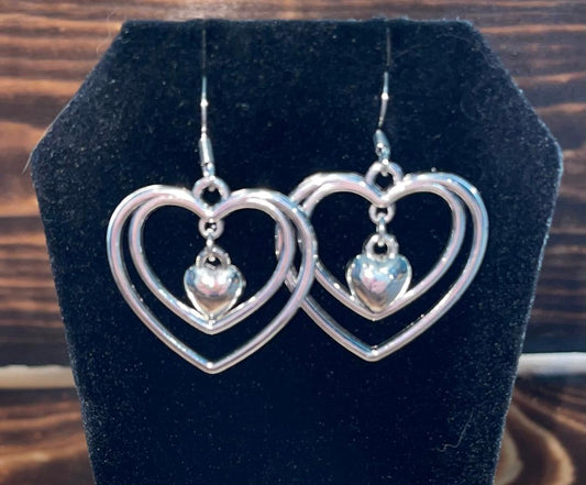 NEW Triple Heart Design Silver Tone Drop Dangle Earrings