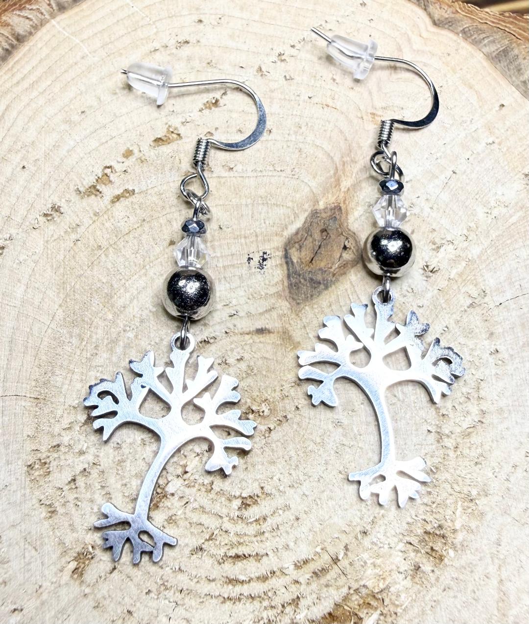 NEW Stainless Steel Tree Charm Earrings w/ Glass & Hematite Beads