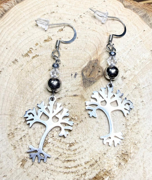 NEW Stainless Steel Tree Charm Earrings w/ Glass & Hematite Beads