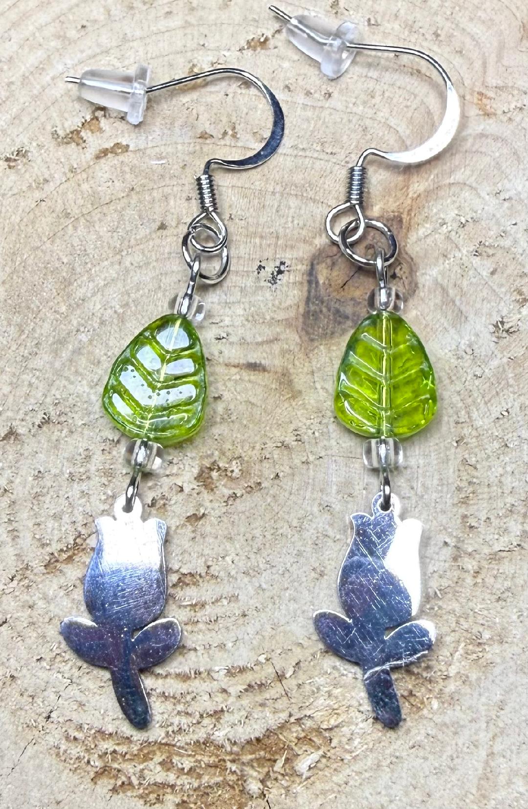 NEW Dainty Stainless Steel Tulip Charm Earrings w/ Green Glass Beads