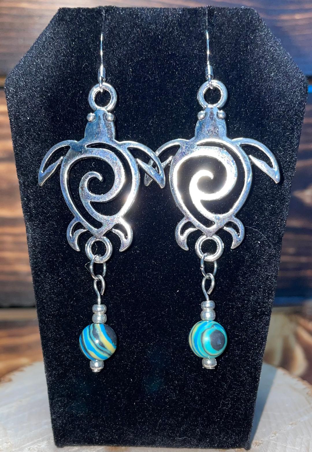 NEW Turtle Silver Tone Charm & Ocean Blue Wave Bead Drop Earrings