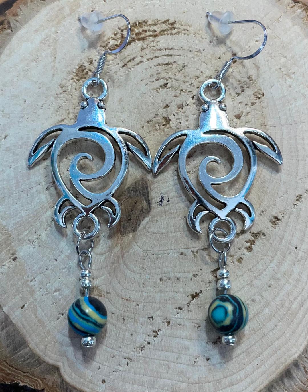 NEW Turtle Silver Tone Charm & Ocean Blue Wave Bead Drop Earrings