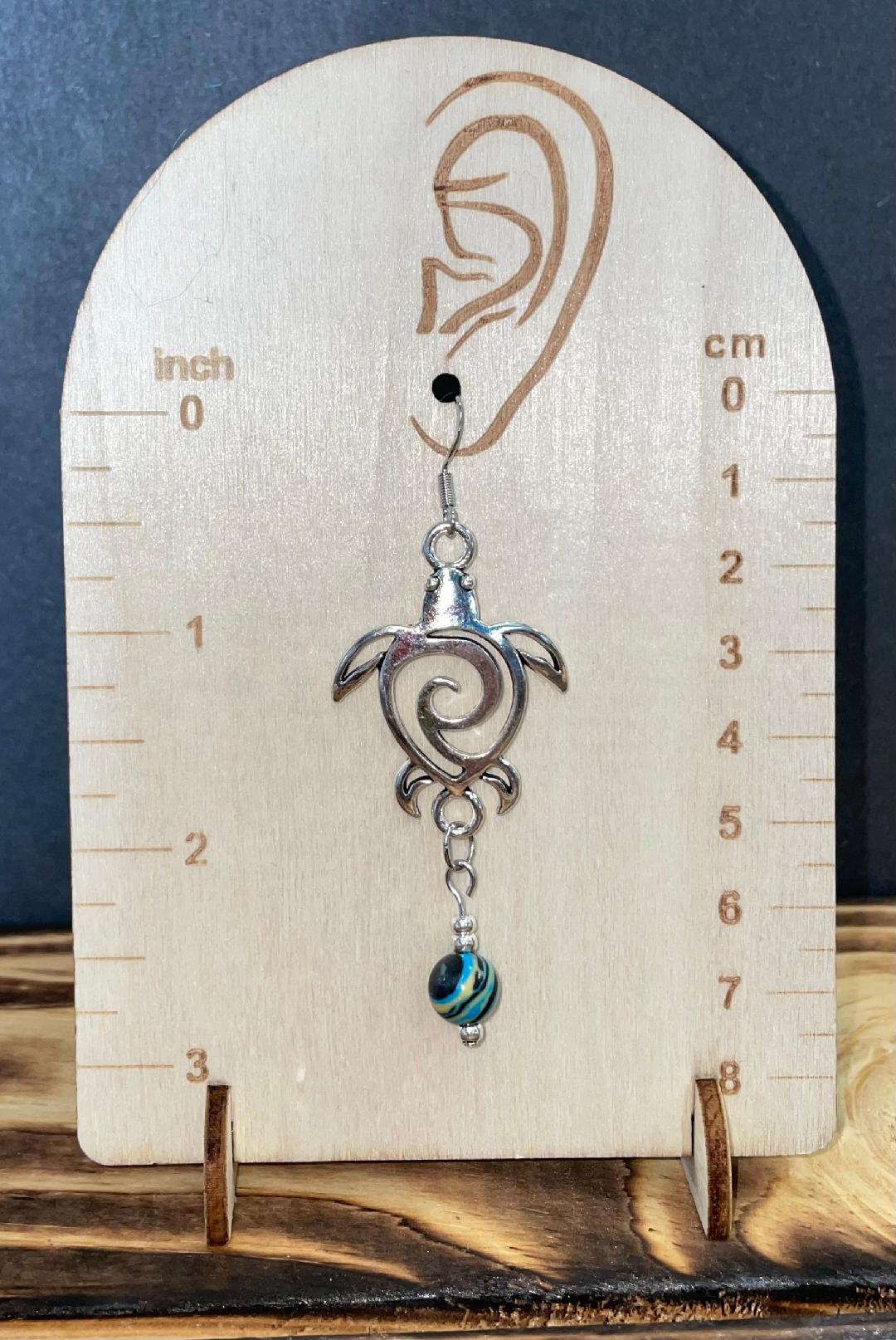NEW Turtle Silver Tone Charm & Ocean Blue Wave Bead Drop Earrings