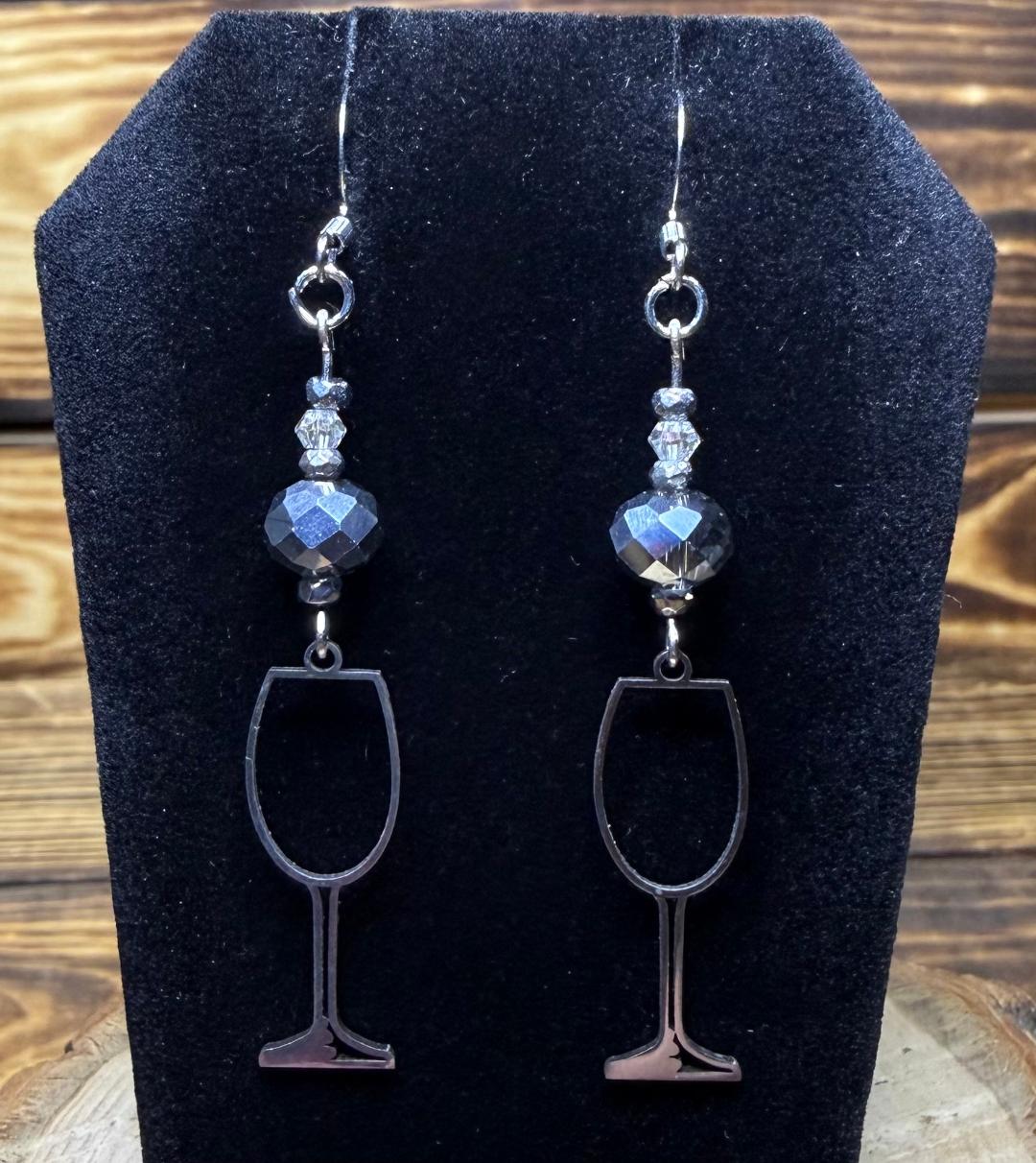 NEW Silver Stainless Steel Wine Glass & Beaded Earrings