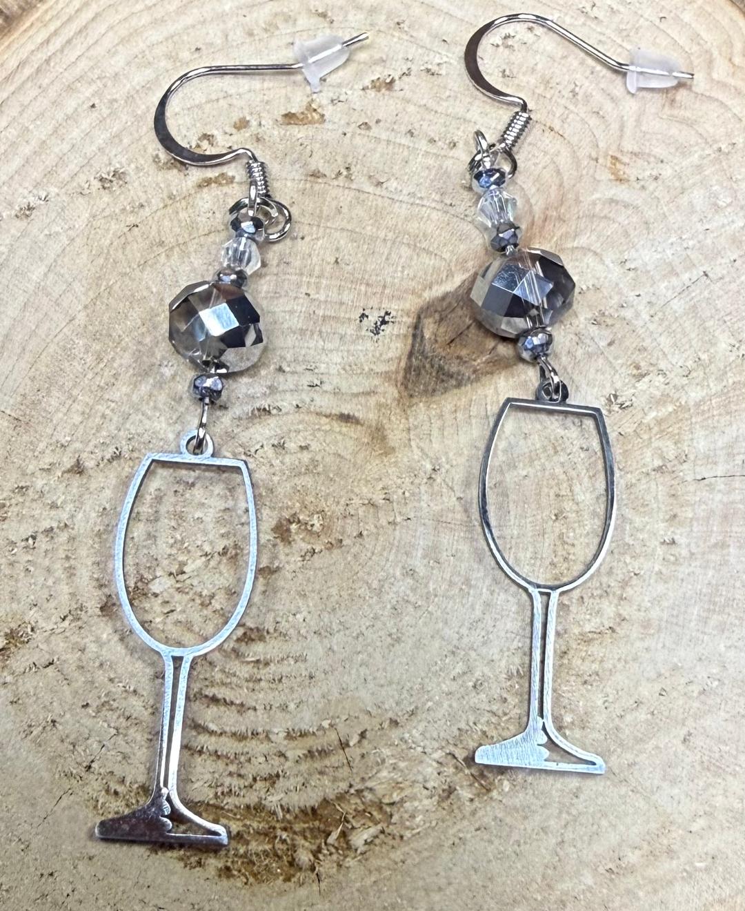 NEW Silver Stainless Steel Wine Glass & Beaded Earrings