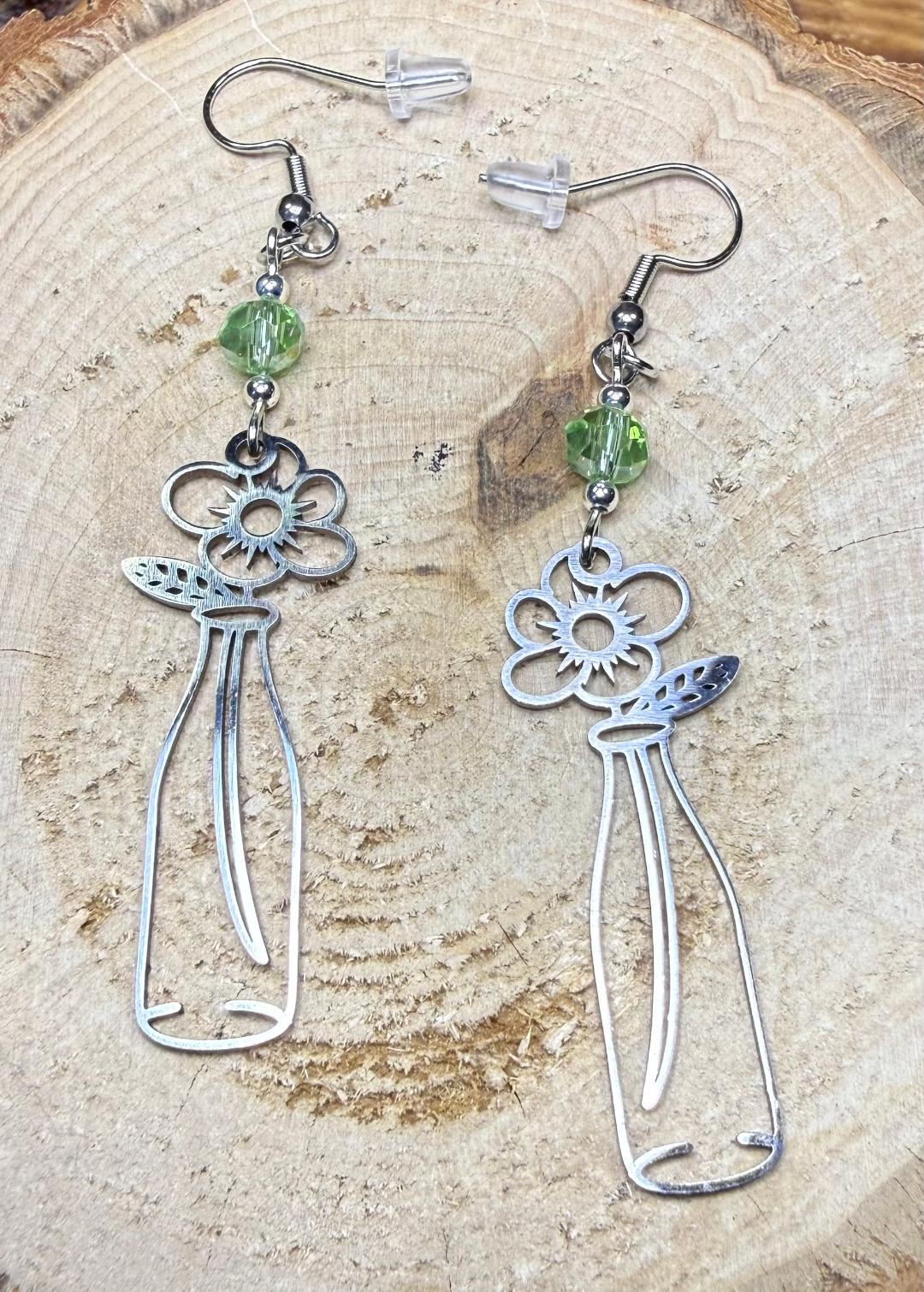 NEW Single Flower in Vase Stainless Steel Earrings w/ Green Glass Beads
