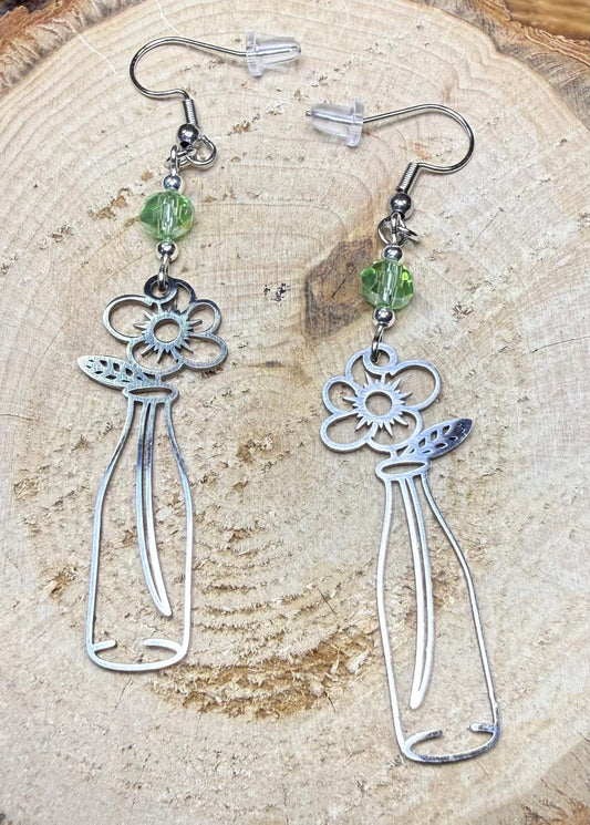 NEW Single Flower in Vase Stainless Steel Earrings w/ Green Glass Beads