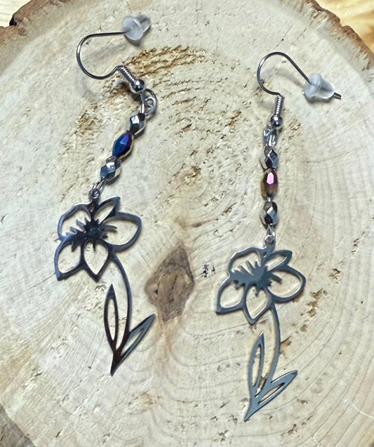 NEW Stainless Steel Hollow Flower Outline Charm & Bead Earrings
