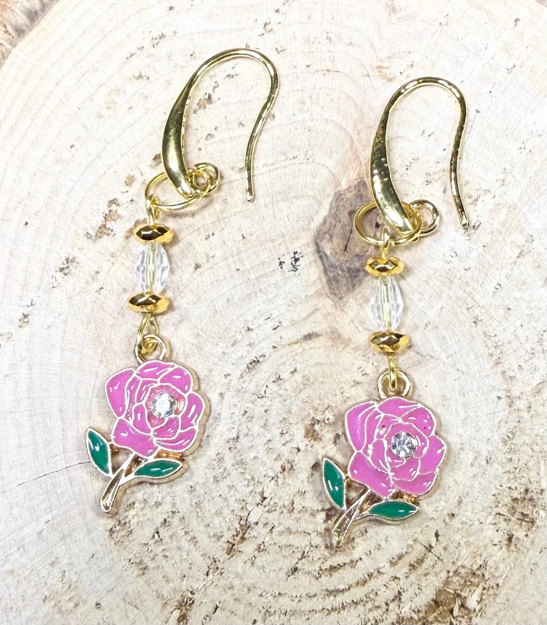 NEW Single Pink Enamel Rose Earrings w/ Rhinestone Center