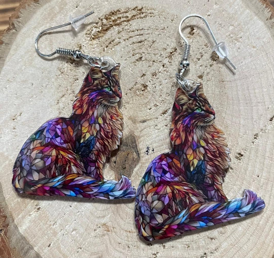 NEW Acrylic Calico Cat Vivid Stained Glass Style Earrings
