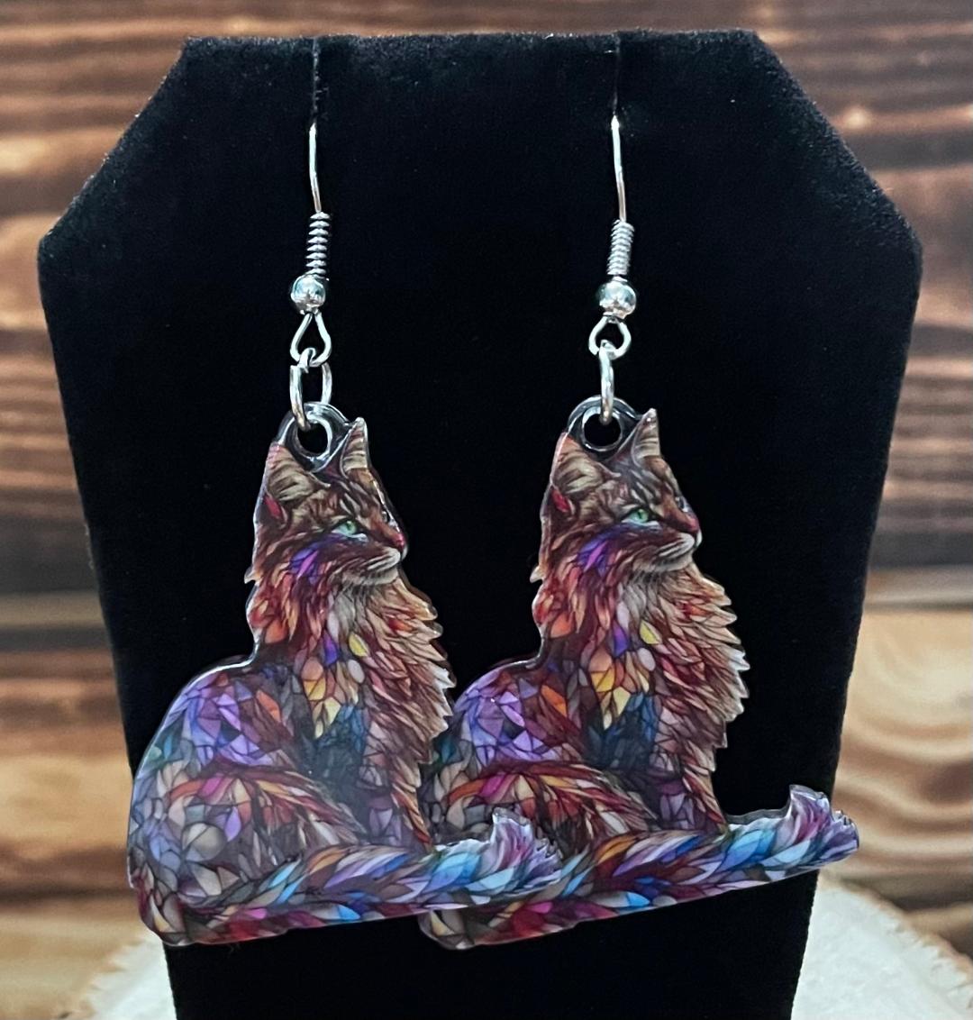 NEW Acrylic Calico Cat Vivid Stained Glass Style Earrings