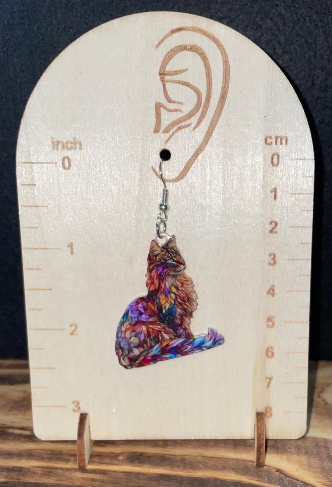 NEW Acrylic Calico Cat Vivid Stained Glass Style Earrings