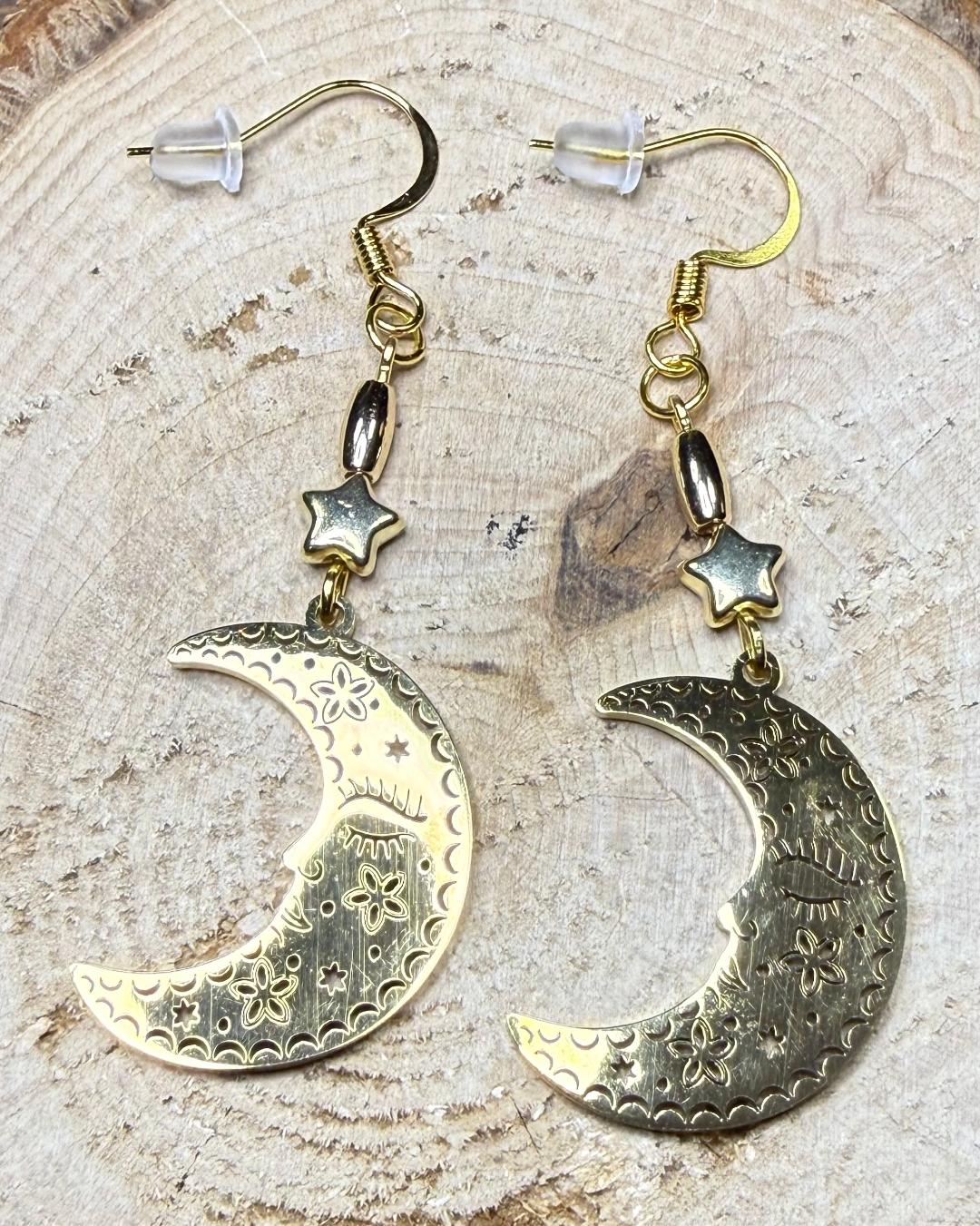 NEW Gold Sleeping Crescent Moon Stainless Steel Earrings w/ Star Beads