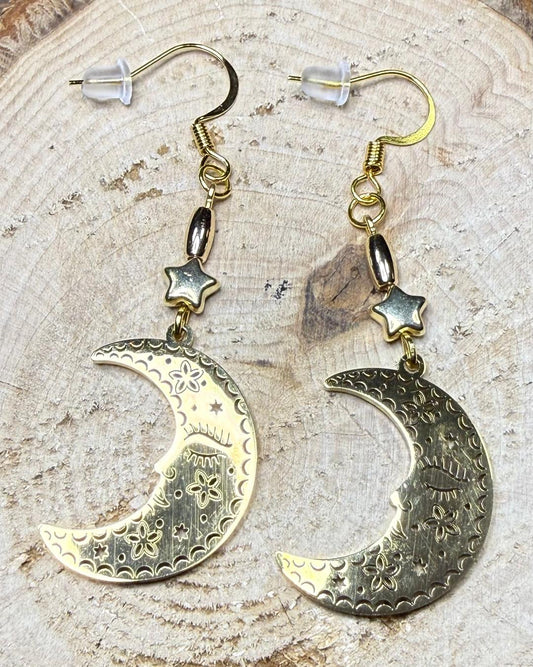 NEW Gold Sleeping Crescent Moon Stainless Steel Earrings w/ Star Beads