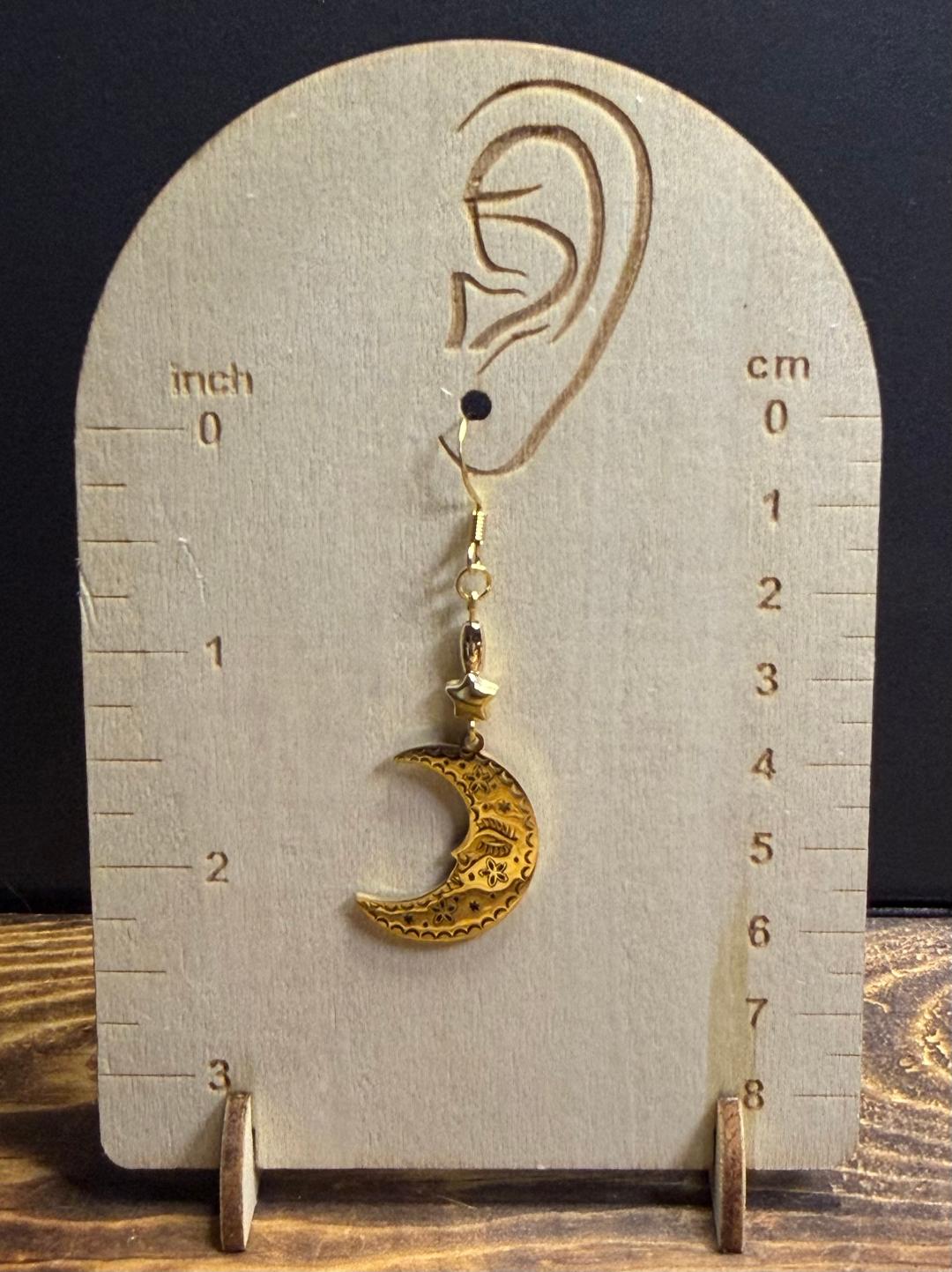 NEW Gold Sleeping Crescent Moon Stainless Steel Earrings w/ Star Beads