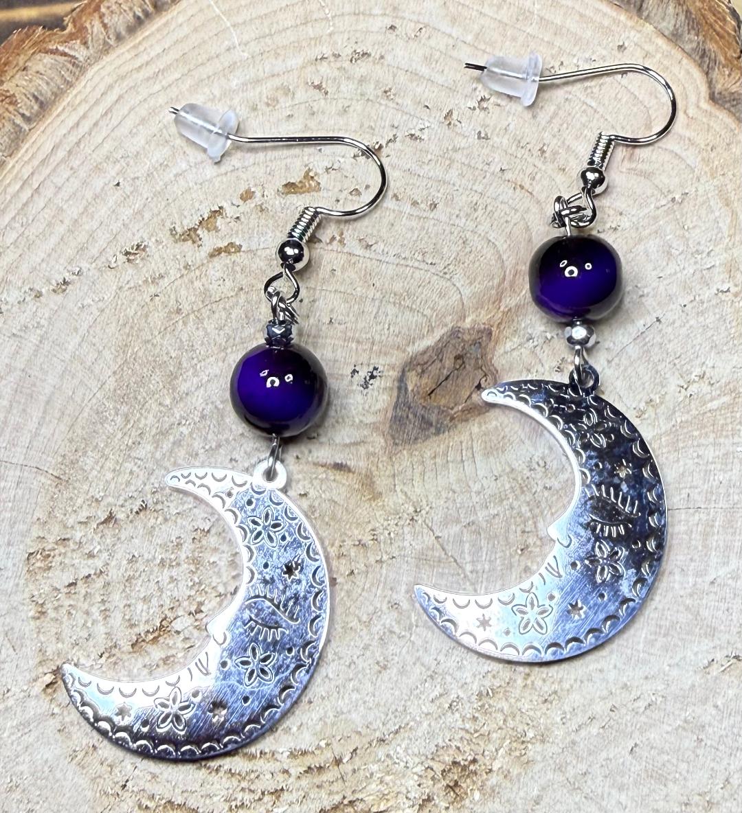 NEW Silver Sleeping Crescent Moon Stainless Steel Earrings w/ Purple & Black Glass Beads