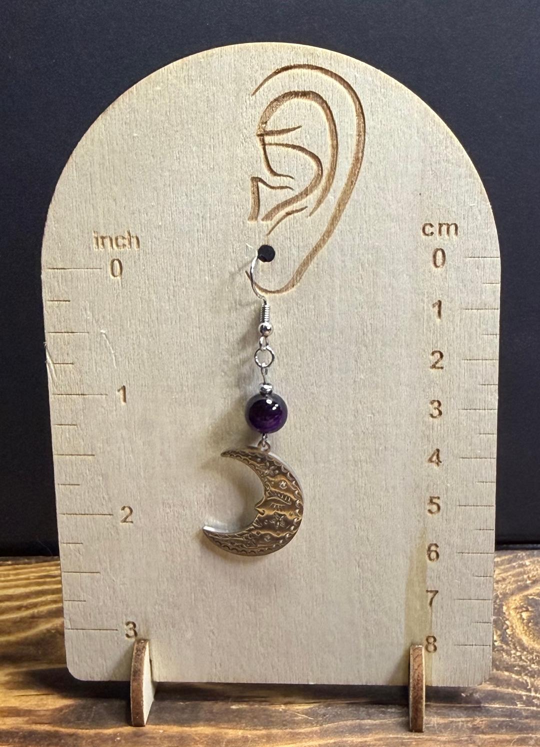 NEW Silver Sleeping Crescent Moon Stainless Steel Earrings w/ Purple & Black Glass Beads