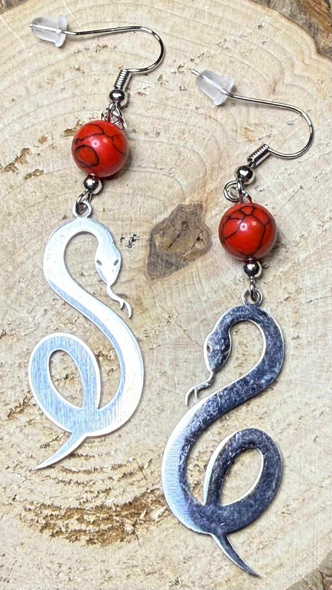 NEW Coiling Snake Stainless Steel Earrings w/ Red & Black Beads