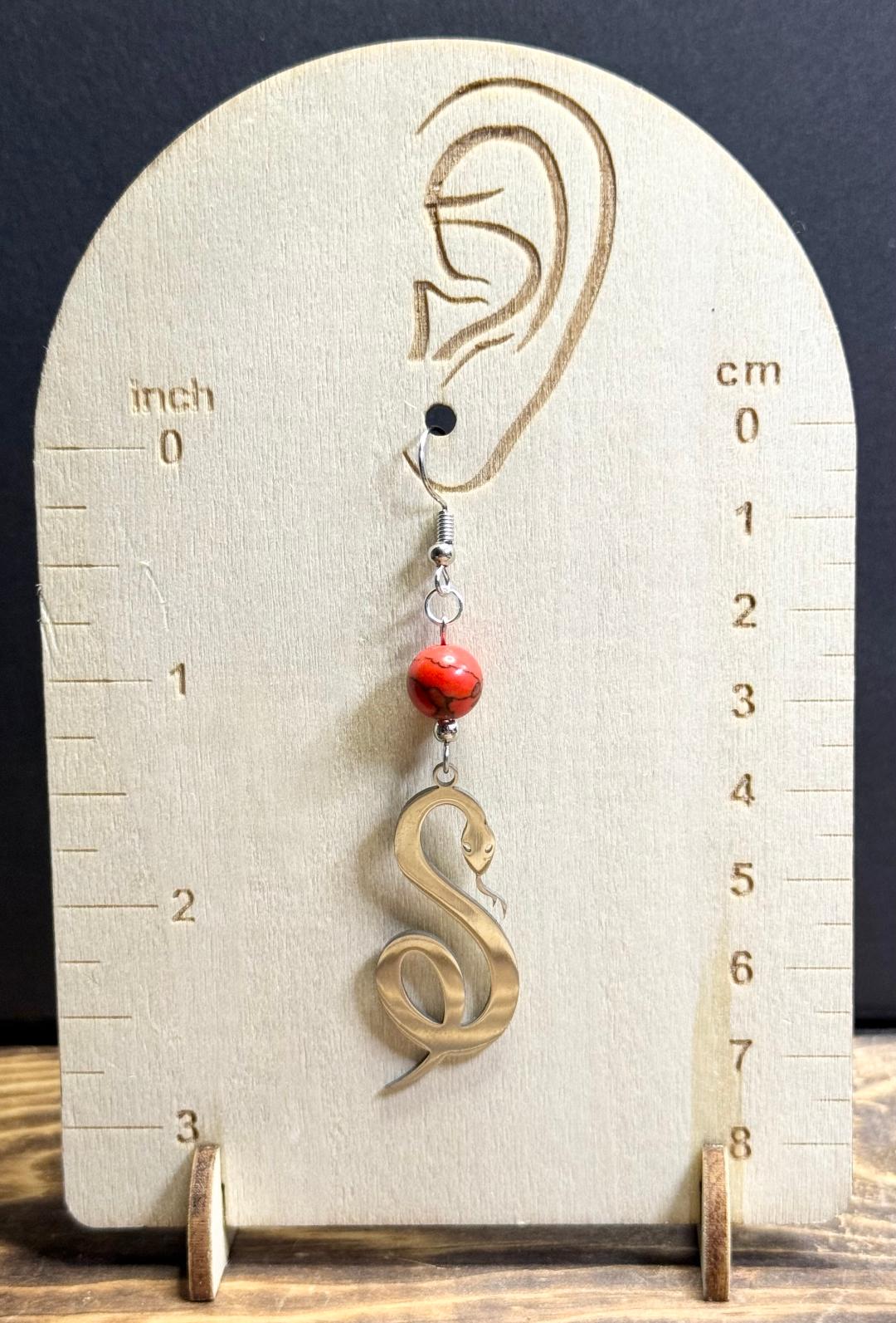 NEW Coiling Snake Stainless Steel Earrings w/ Red & Black Beads