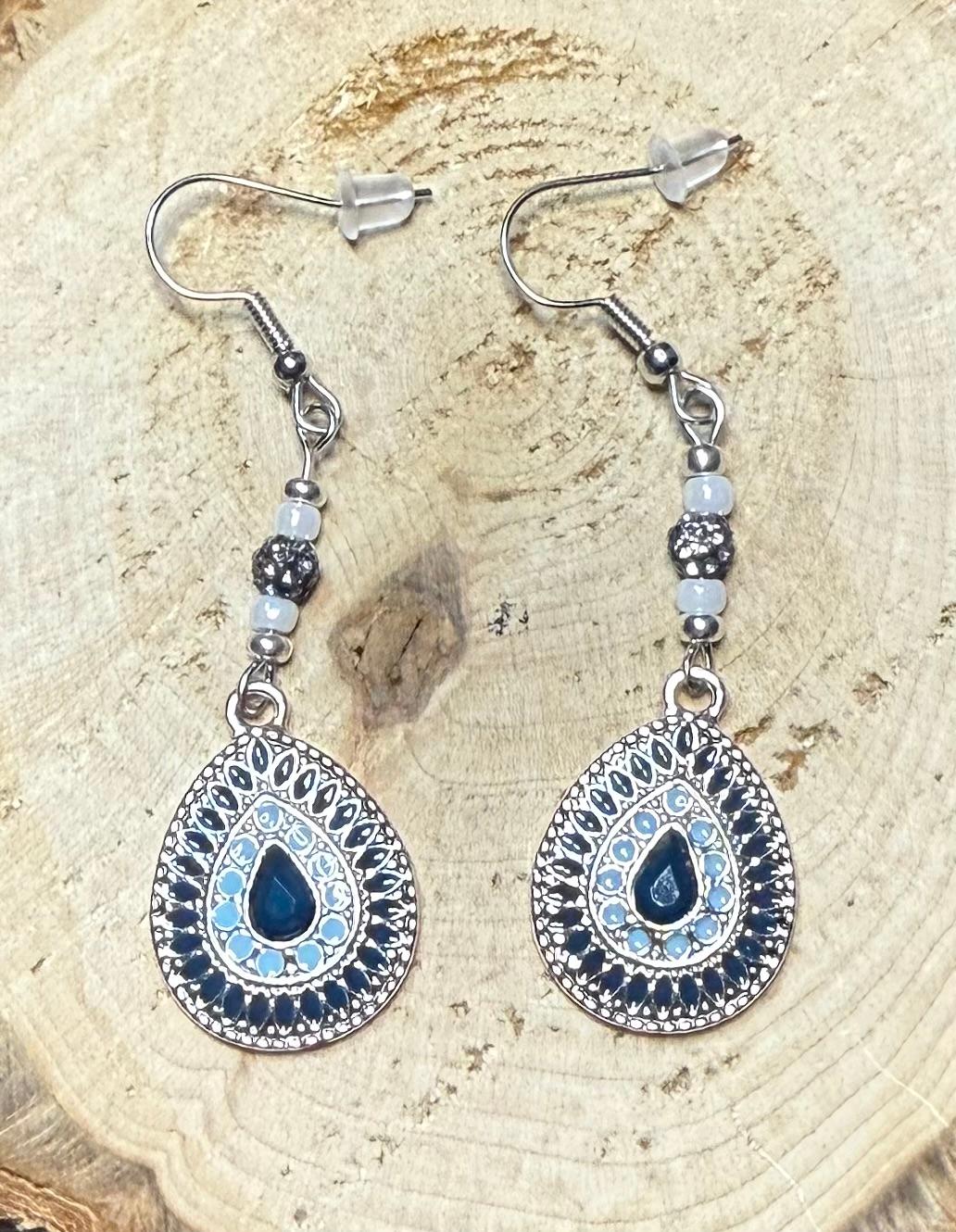 NEW Small Blue Teardrop Charm Earrings w/ Rhinestone Encrusted Beads