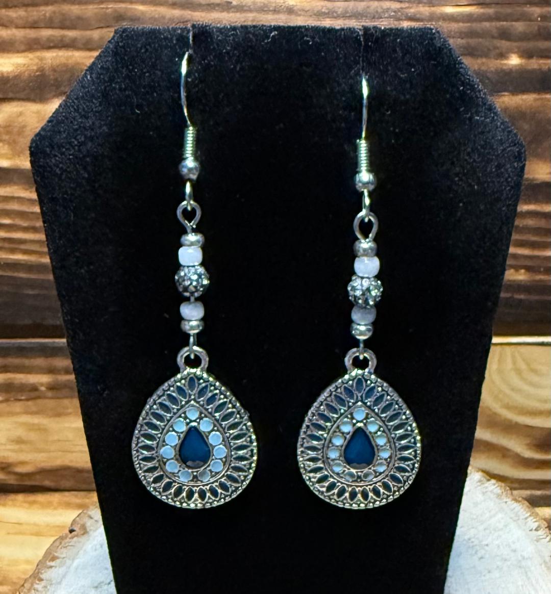 NEW Small Blue Teardrop Charm Earrings w/ Rhinestone Encrusted Beads