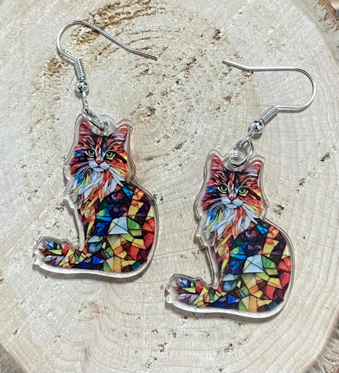 NEW Vivid Calico Multicolor Acrylic Cat Stained Glass Style Earrings