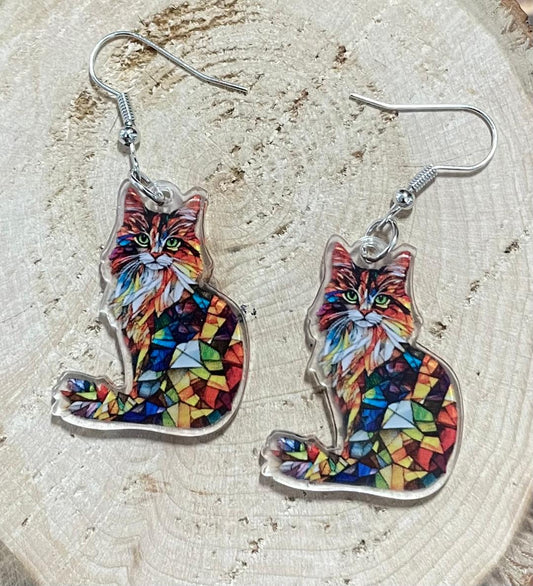 NEW Vivid Calico Multicolor Acrylic Cat Stained Glass Style Earrings