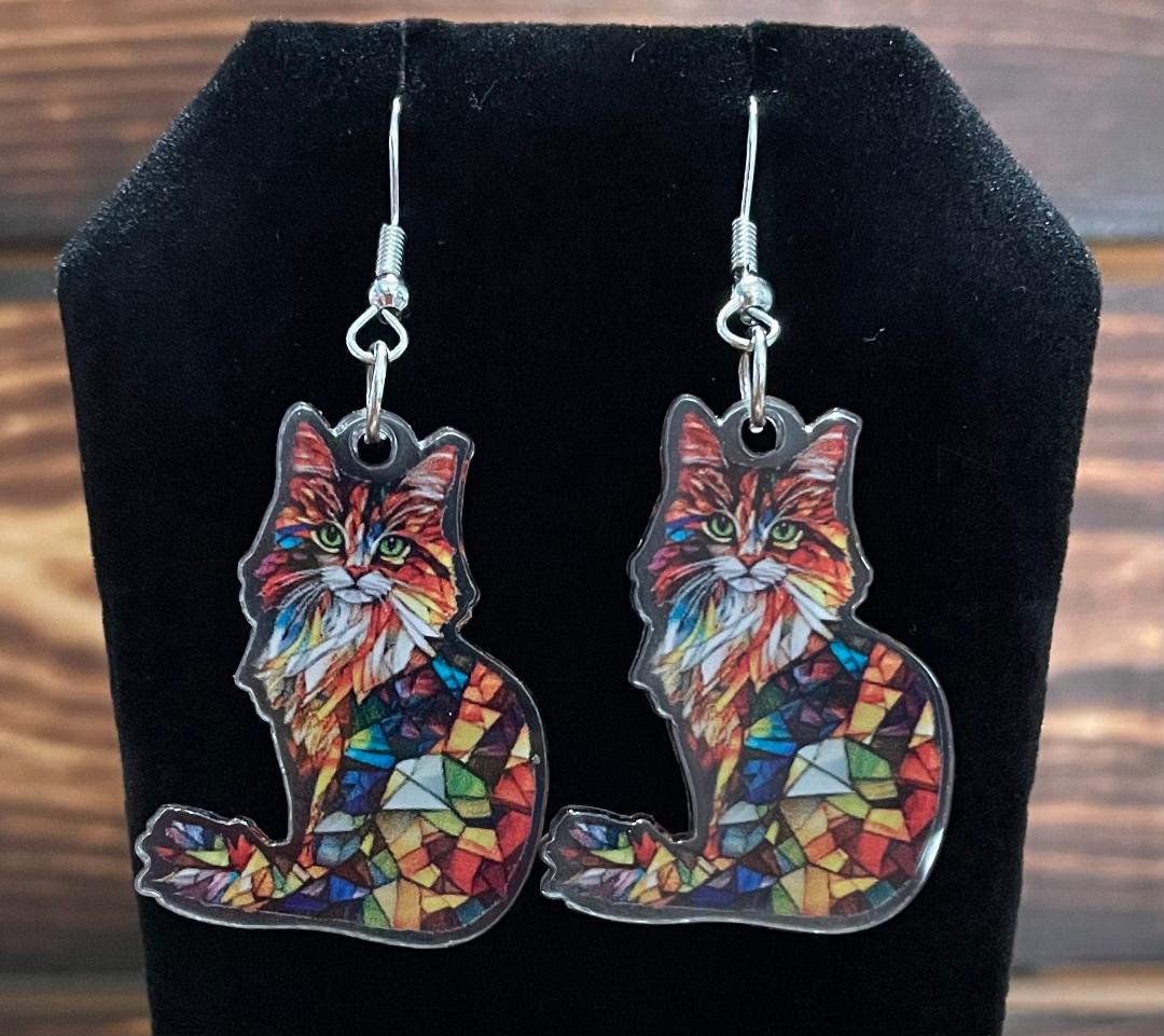 NEW Vivid Calico Multicolor Acrylic Cat Stained Glass Style Earrings