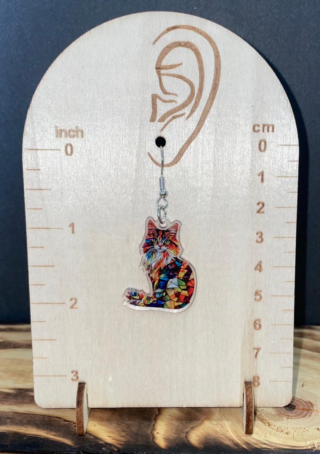 NEW Vivid Calico Multicolor Acrylic Cat Stained Glass Style Earrings