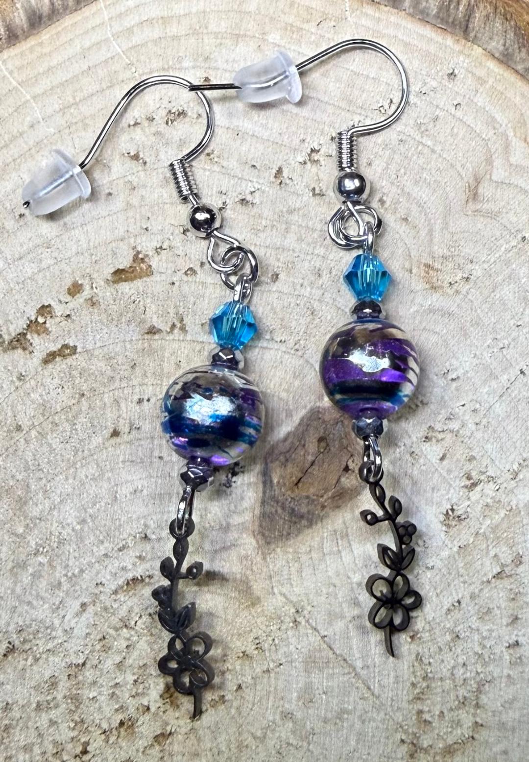 NEW Tiny Flower Vine Earrings w/ Purple Glass Confetti Beads