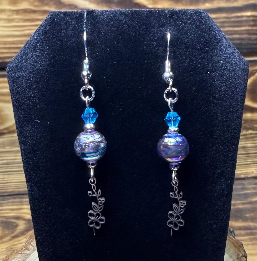 NEW Tiny Flower Vine Earrings w/ Purple Glass Confetti Beads