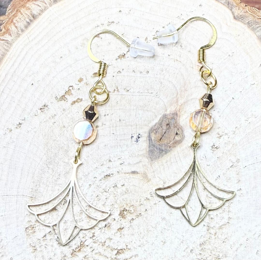 NEW Dainty Lotus Charm Earrings w/ Amber Glass Beads