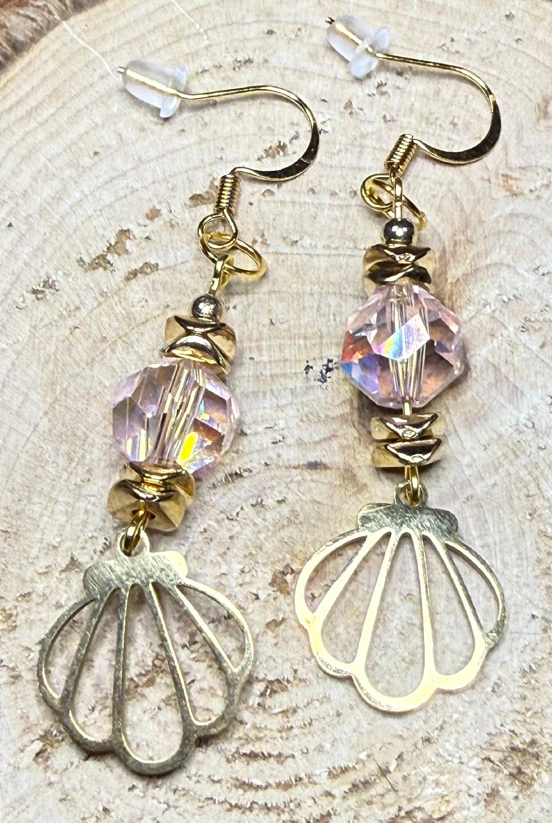 NEW Petite Gold Stainless Steel Shell Charm Earrings w/ Pink Glass Bead
