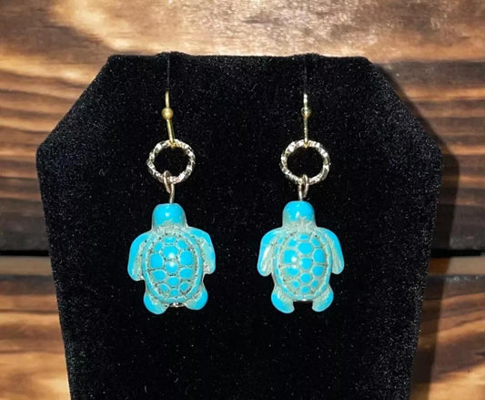 NEW Faux Turquoise Green Turtle Southwest Style Gold Tone Dangle Boho Earrings