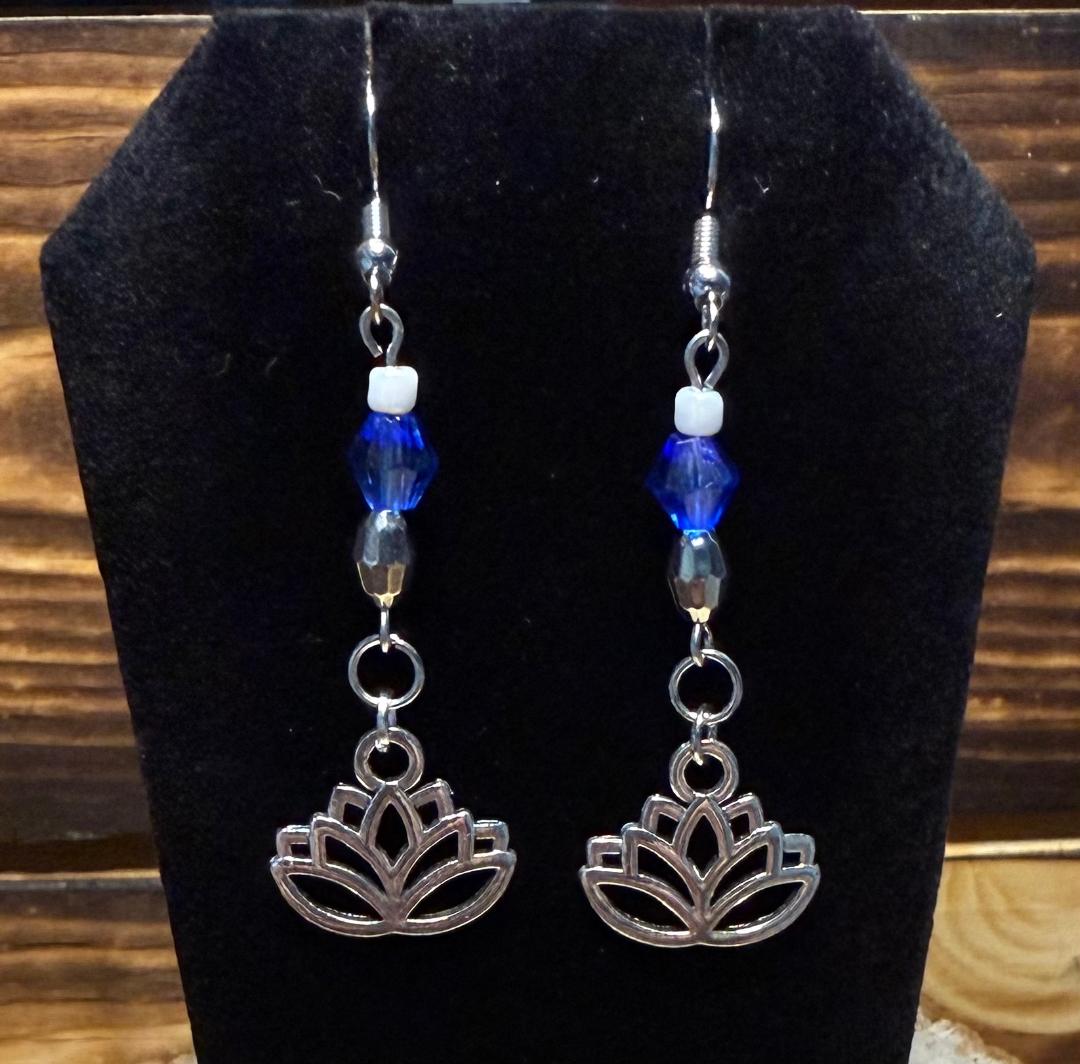 NEW Small Lotus Charm w/ Royal Blue & Silver Faceted Bead Earrings