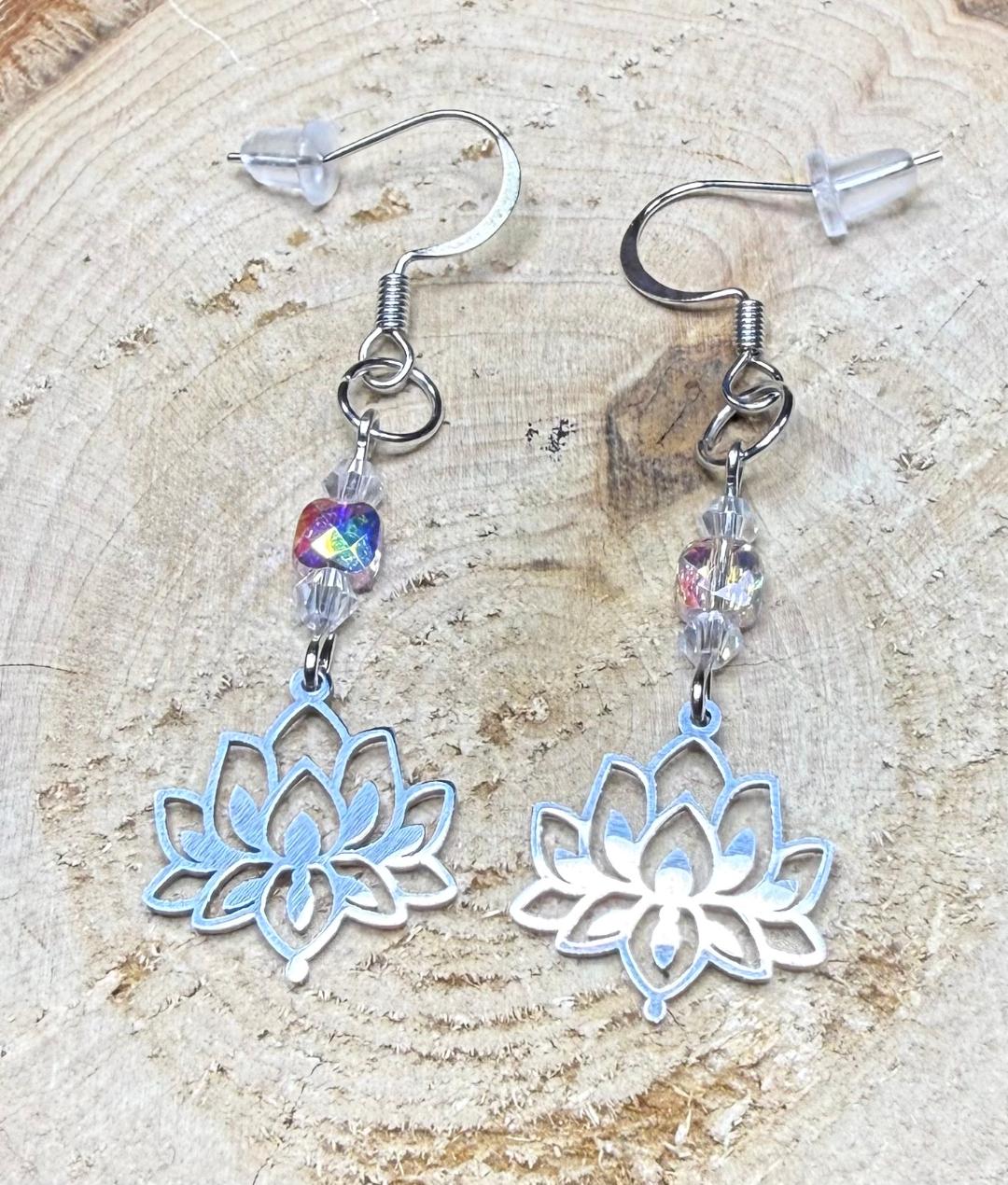NEW Petite Stainless Steel Lotus Charm Earrings w/ Glass Beads