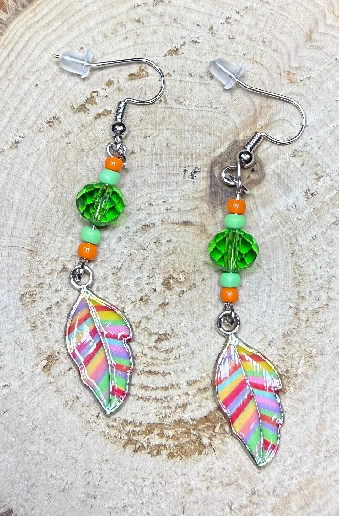 NEW Rainbow Leaf Earrings w/ Green Glass Beads