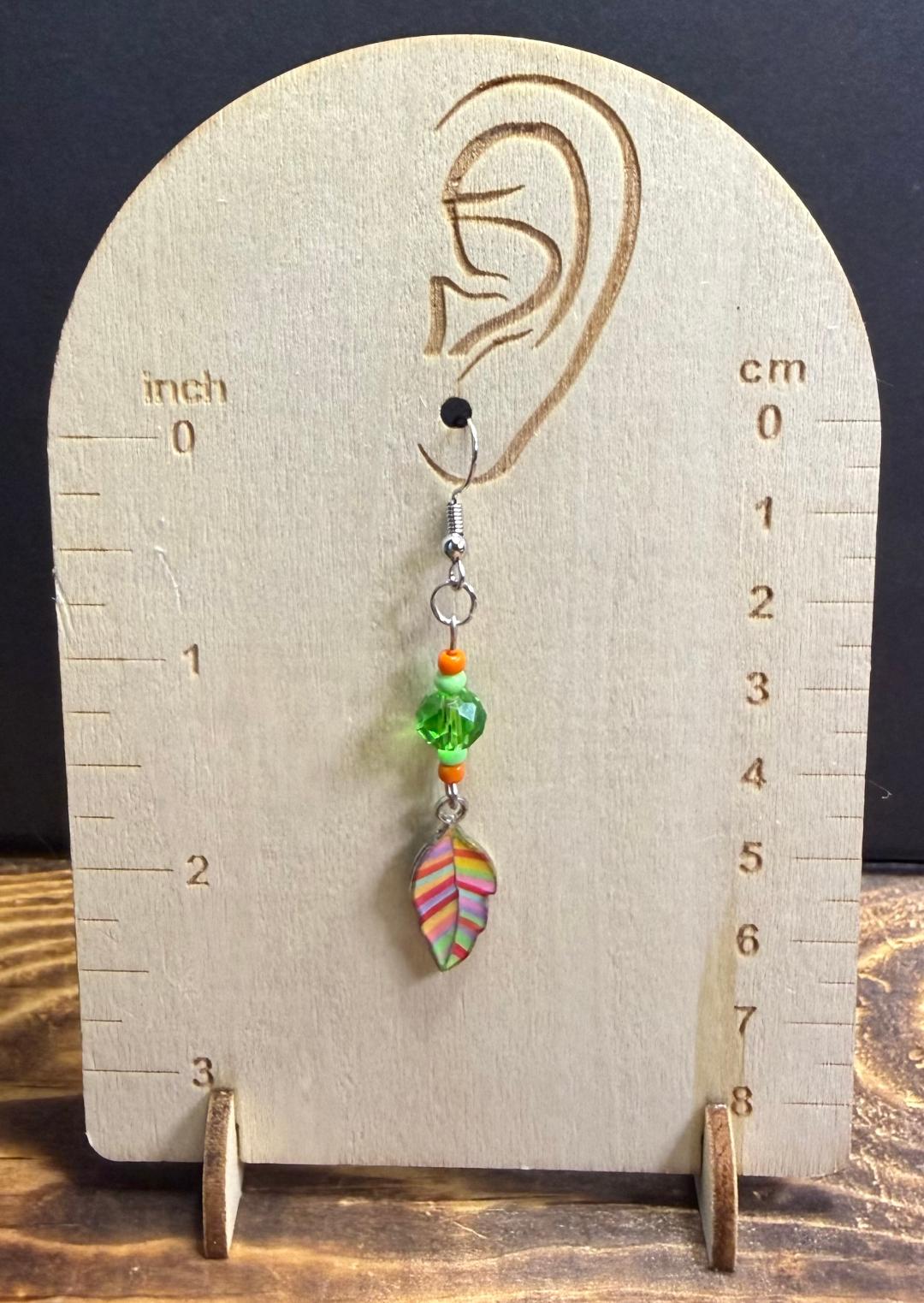 NEW Rainbow Leaf Earrings w/ Green Glass Beads