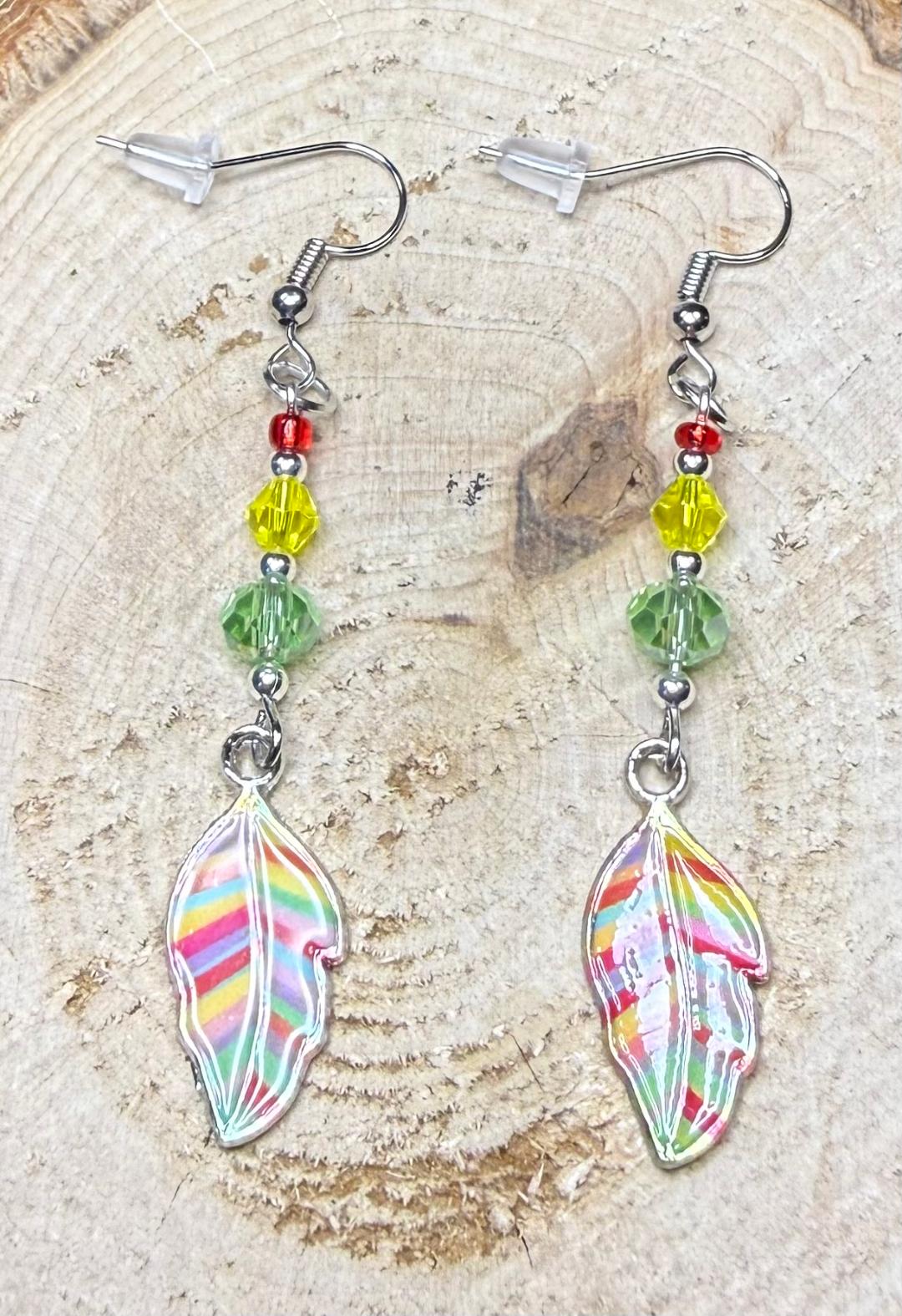 NEW Rainbow Leaf Earrings w/ Yellow, Green, Red Beads