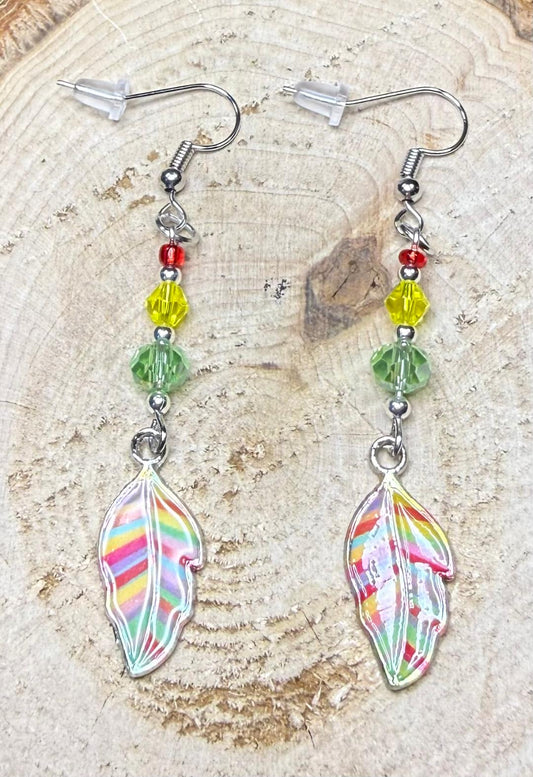NEW Rainbow Leaf Earrings w/ Yellow, Green, Red Beads