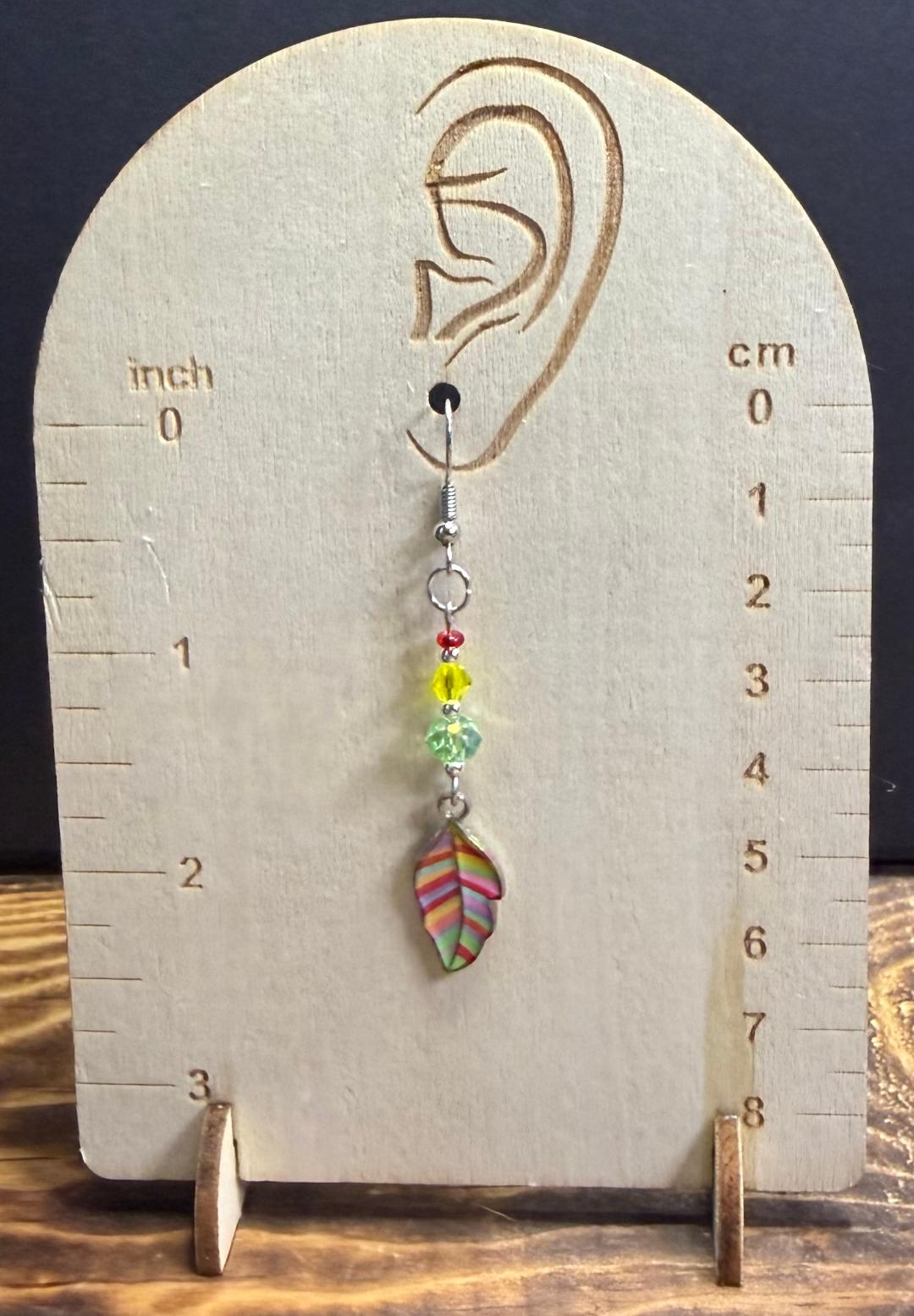 NEW Rainbow Leaf Earrings w/ Yellow, Green, Red Beads