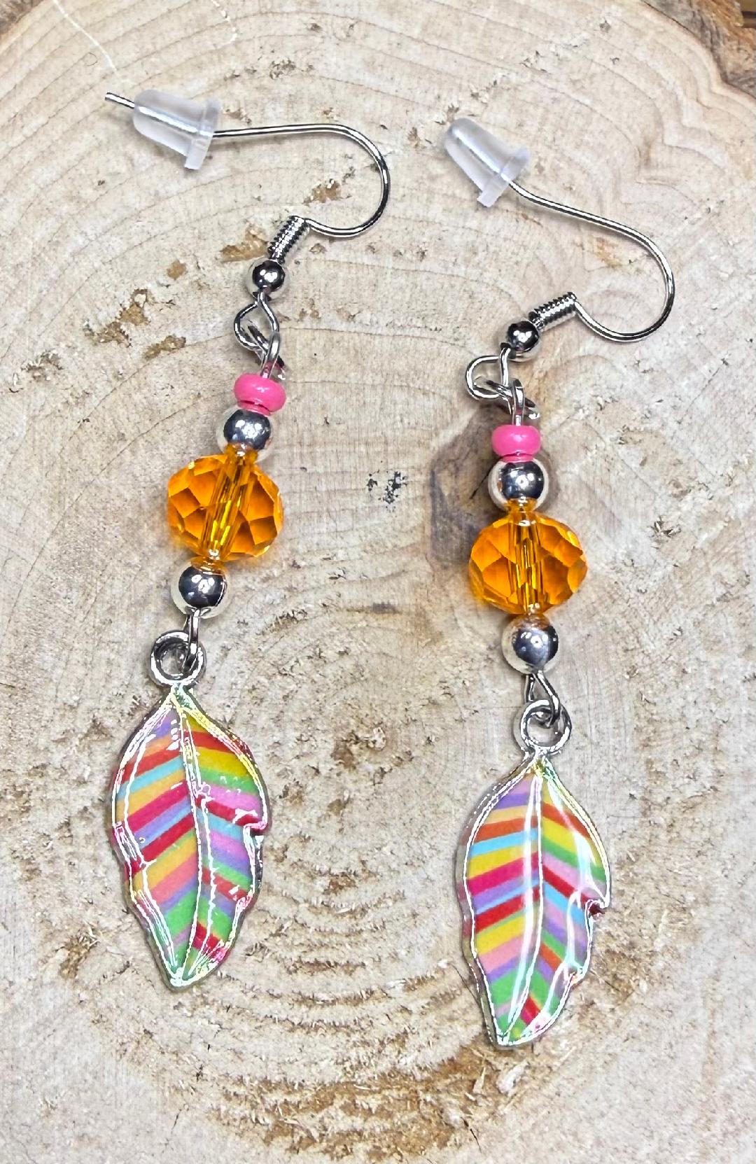 NEW Rainbow Leaf Earrings w/ Pink & Orange Glass Beads