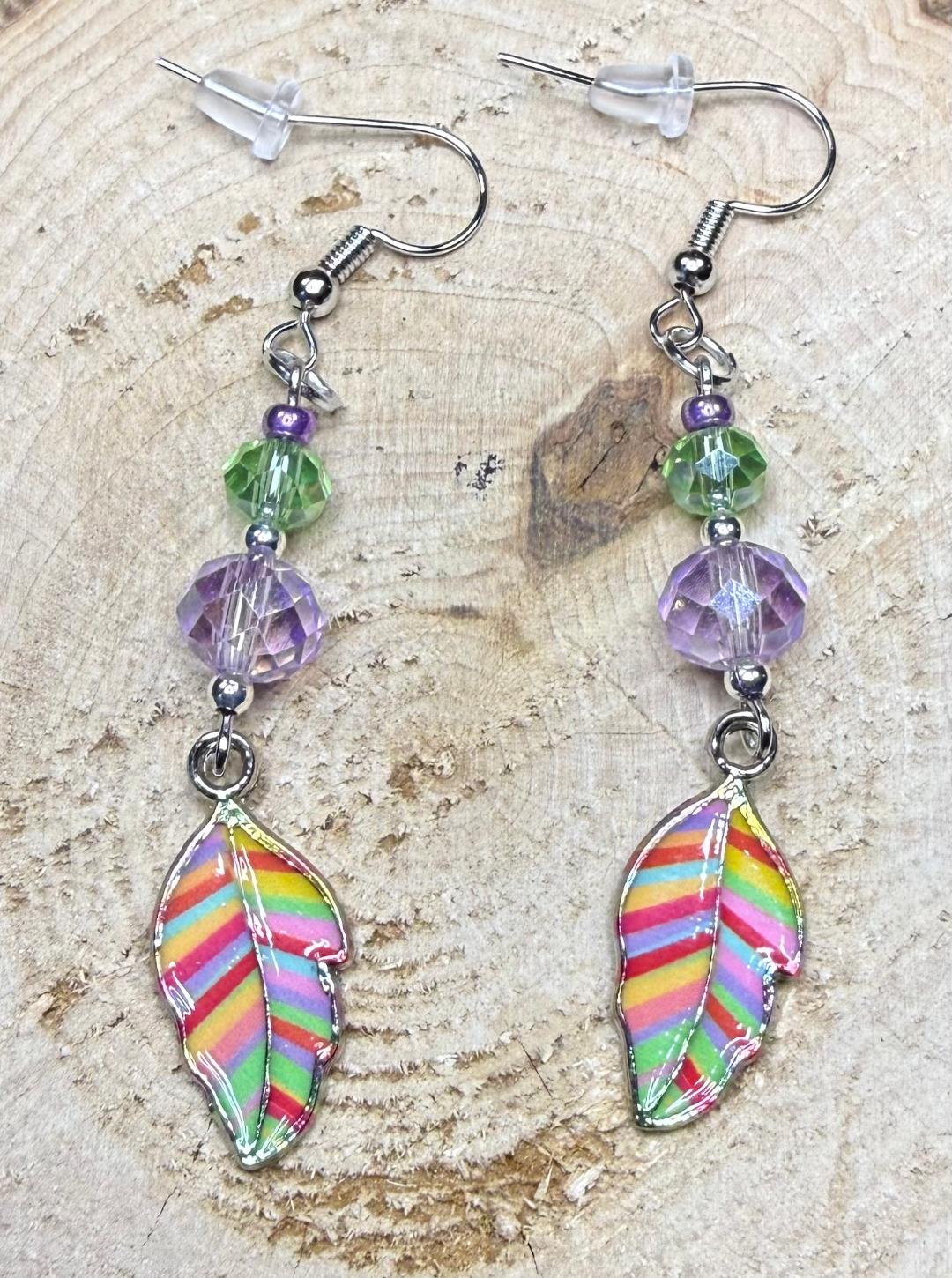 NEW Rainbow Leaf Earrings w/ Purple & Green Glass Beads