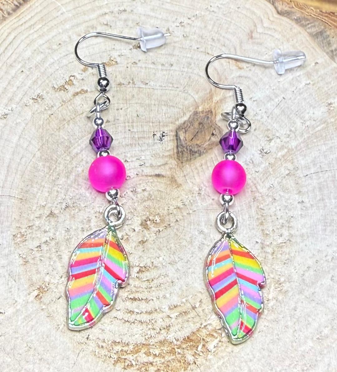 NEW Rainbow Leaf Earrings w/ Frosted Hot Pink Glass Beads