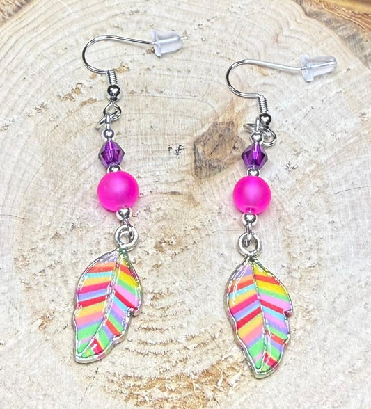 NEW Rainbow Leaf Earrings w/ Frosted Hot Pink Glass Beads